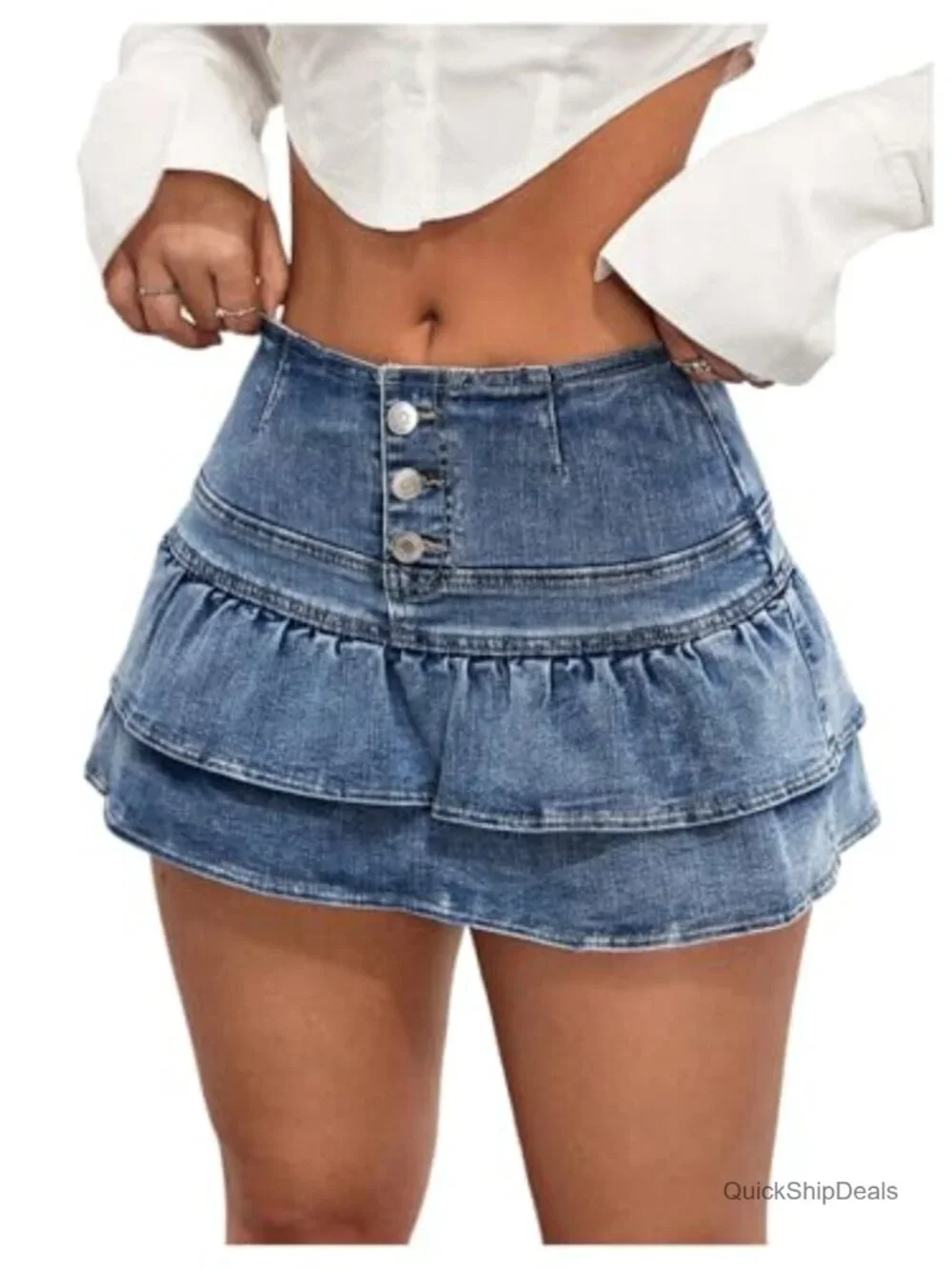 High Waist Button Up Ruffle Denim Mini Skort with Shorts